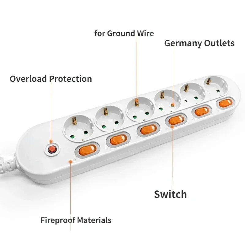Melery Power Strip Surge Protection EU Plug Way Outlets Electrical Extension 16A Socket Independent Control Switches Schuko Cord
