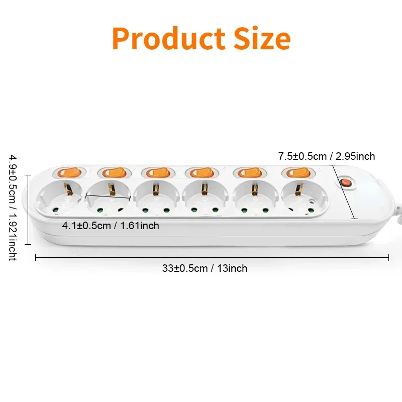 Melery Power Strip Surge Protection EU Plug Way Outlets Electrical Extension 16A Socket Independent Control Switches Schuko Cord