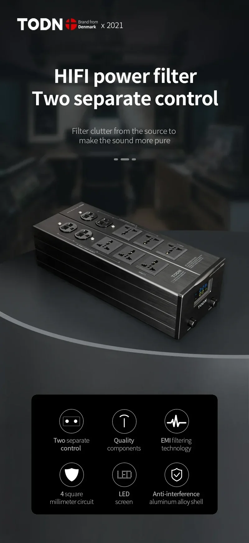 TODN Audio Noise AC Power Filter Power Conditioner Power Purifier Surge Protection with EU Outlets Power Strip
