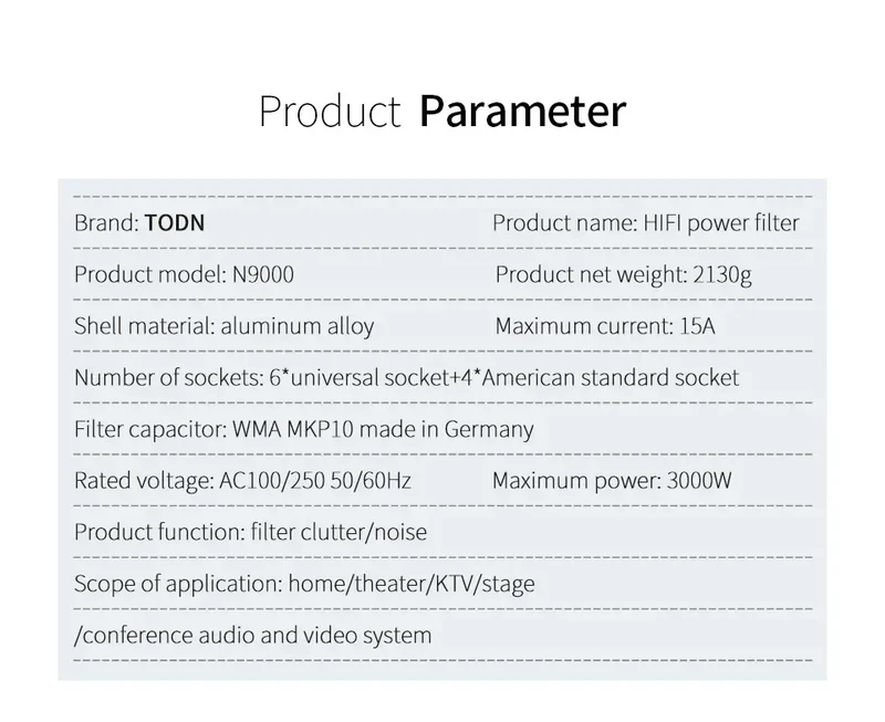 TODN Audio Noise AC Power Filter Power Conditioner Power Purifier Surge Protection with EU Outlets Power Strip