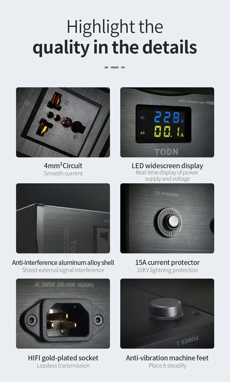 TODN Audio Noise AC Power Filter Power Conditioner Power Purifier Surge Protection with EU Outlets Power Strip