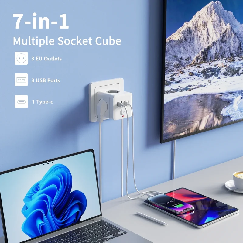 7-in-1 EU Power Strip, Power Strip Surge Protector 3 AC Outlets 3 USB 1 Type-C, Desktop Charging Station With Overload Protecti