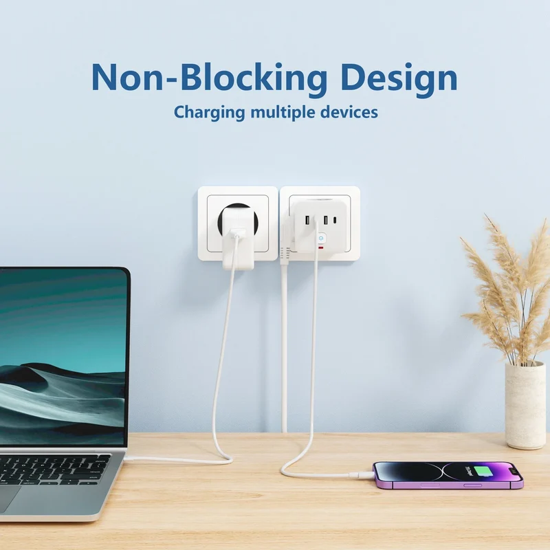 7-in-1 EU Power Strip, Power Strip Surge Protector 3 AC Outlets 3 USB 1 Type-C, Desktop Charging Station With Overload Protecti