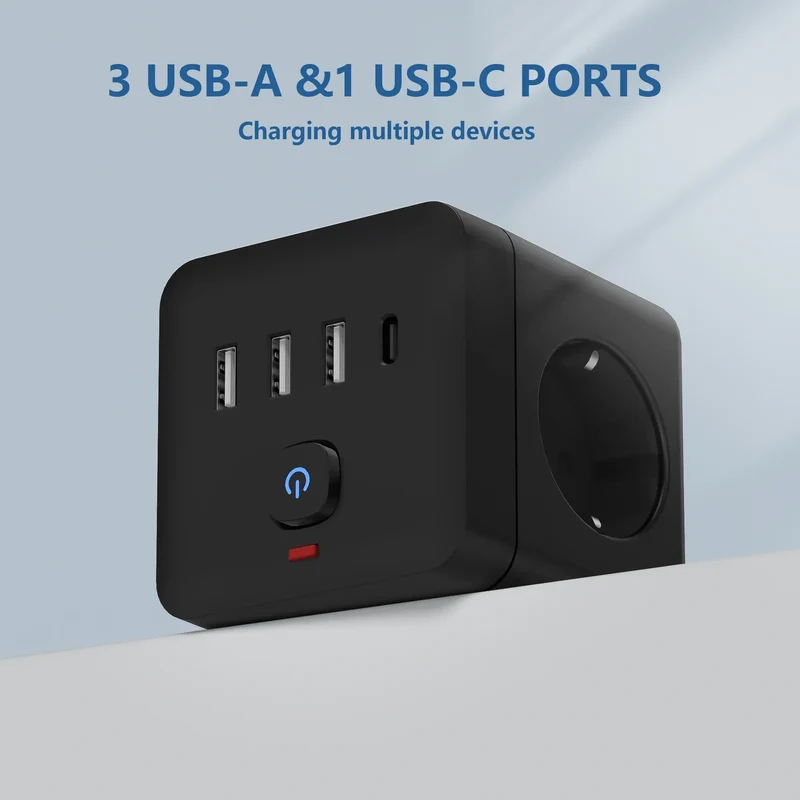 7-in-1 EU Power Strip, Power Strip Surge Protector 3 AC Outlets 3 USB 1 Type-C, Desktop Charging Station With Overload Protecti