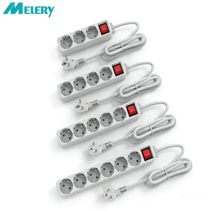 Melery Power Strip Surge Protector 3/4/5/6 AC EU Electrical Plug Outlet Socket Lead Extension Adapter Extenstion Cord Cable 1.5m