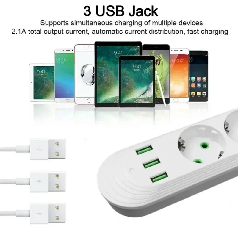 2500W EU Plug Power Socket 2m Extension Cable 3 USB Jack 3/4/5 Holes Power Strip Socket Network Filter With USB Ports Charging