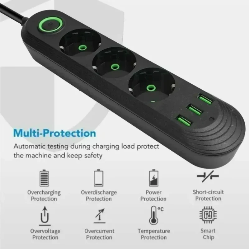 2500W EU Plug Power Socket 2m Extension Cable 3 USB Jack 3/4/5 Holes Power Strip Socket Network Filter With USB Ports Charging