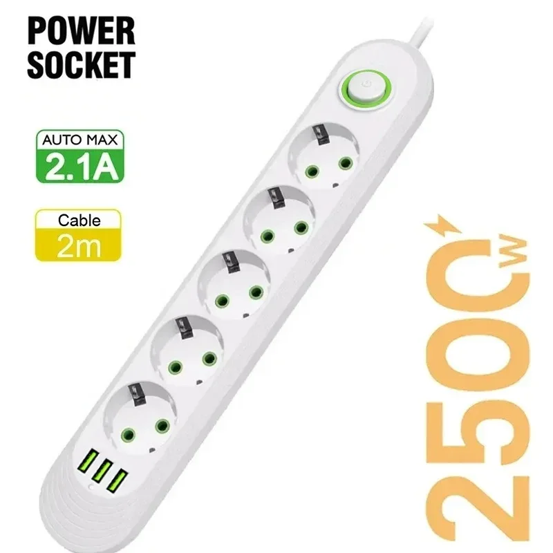 2500W EU Plug Power Socket 2m Extension Cable 3 USB Jack 3/4/5 Holes Power Strip Socket Network Filter With USB Ports Charging