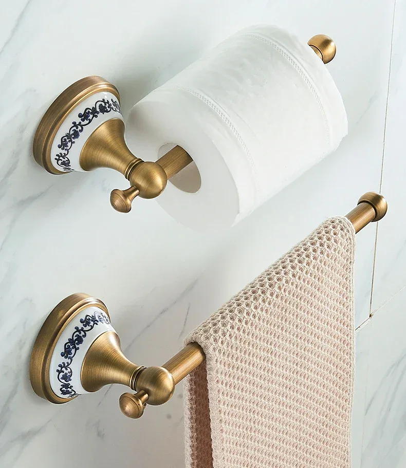 Antique Brass 2pc Bathroom Accessories Set, Bronze Dispenser Towel Rod and Toilet Paper Holder for Bathroom Wall Mounted
