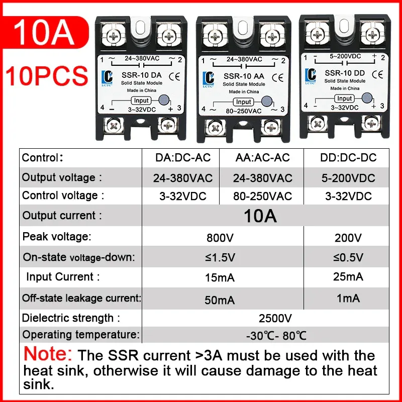 LCTC 10PCS SSR 10A 25A 40A 50A 60A 80A 100A Solid State Relay DC To AC AC To AC DC To DC Single Phase Control Relay