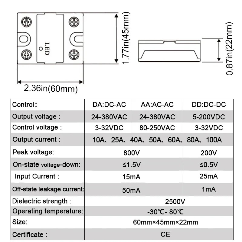 LCTC 1PCS SSR Solid State Relay DC To AC AC To AC DC To DC 10A 25A 40A 50A 60A 80A 100A Non-contact Relay 3-32VDC