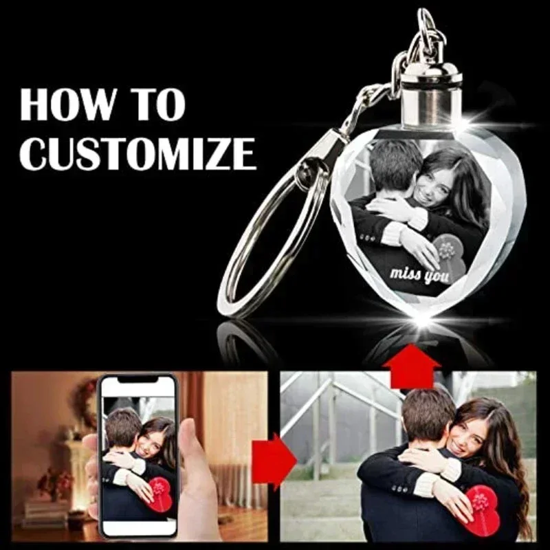 Crystal Keyring with LED Light inside Free Engrave any Design Crystal Blank Key Ring Custom Logo Family Photo DIY Birthday Gifts