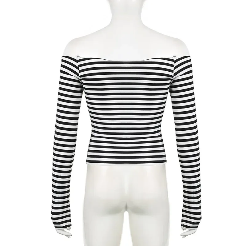 Autumn sexy off shoulder long sleeved black white contrasting color stripes slash neck T-shirt