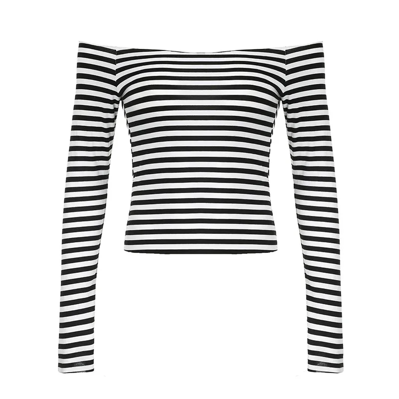 Autumn sexy off shoulder long sleeved black white contrasting color stripes slash neck T-shirt