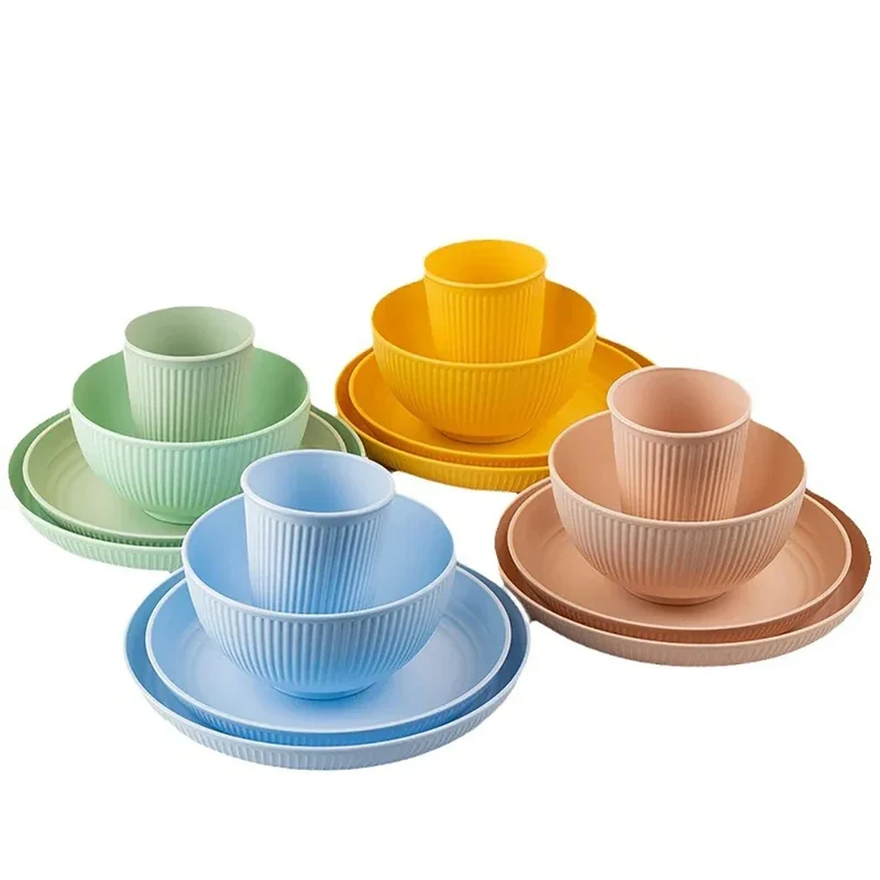 Colourful Wheat Straw Cutlery Set 4Pcs Bowl Cup Dish Set Portable Tableware Set Dinnerware Kits for Picnic Camping