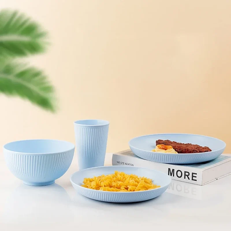 Colourful Wheat Straw Cutlery Set 4Pcs Bowl Cup Dish Set Portable Tableware Set Dinnerware Kits for Picnic Camping