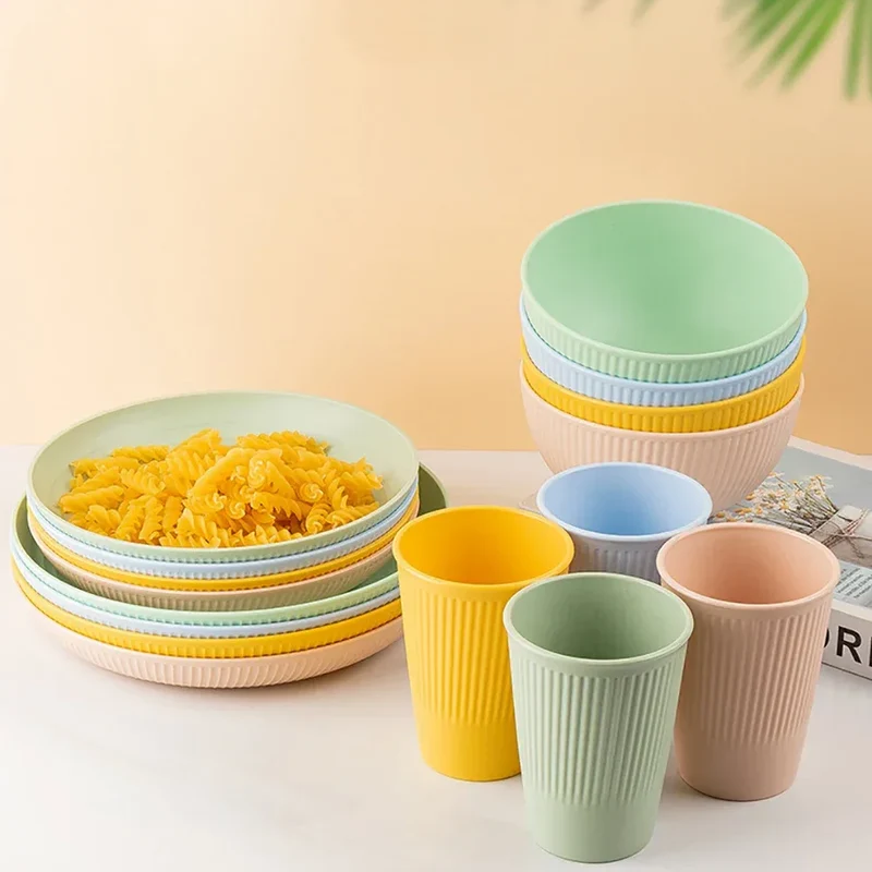 Colourful Wheat Straw Cutlery Set 4Pcs Bowl Cup Dish Set Portable Tableware Set Dinnerware Kits for Picnic Camping