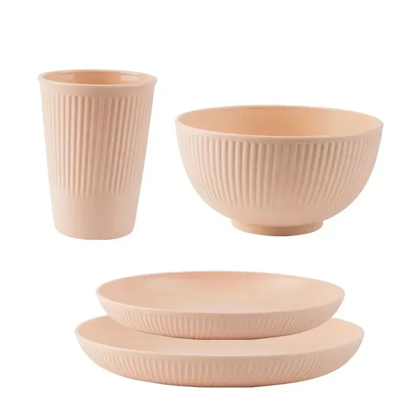 Colourful Wheat Straw Cutlery Set 4Pcs Bowl Cup Dish Set Portable Tableware Set Dinnerware Kits for Picnic Camping