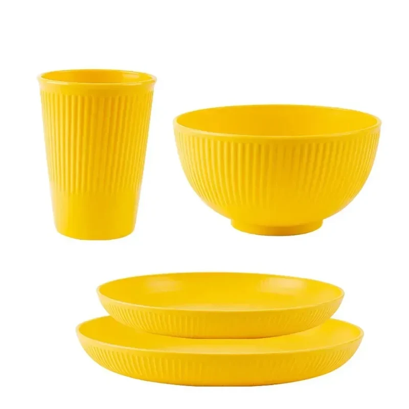 Colourful Wheat Straw Cutlery Set 4Pcs Bowl Cup Dish Set Portable Tableware Set Dinnerware Kits for Picnic Camping