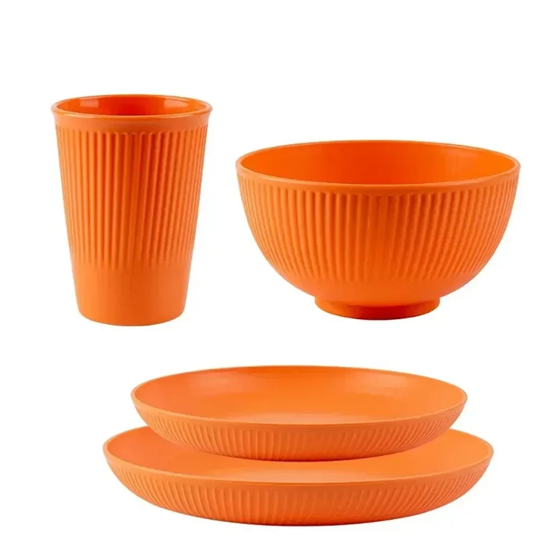 Colourful Wheat Straw Cutlery Set 4Pcs Bowl Cup Dish Set Portable Tableware Set Dinnerware Kits for Picnic Camping
