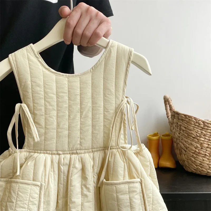 Girls Casual Dresses Autumn Winter New Forest Style Children Clothing Strap Skirt Princess Sleeveless Striped Soild