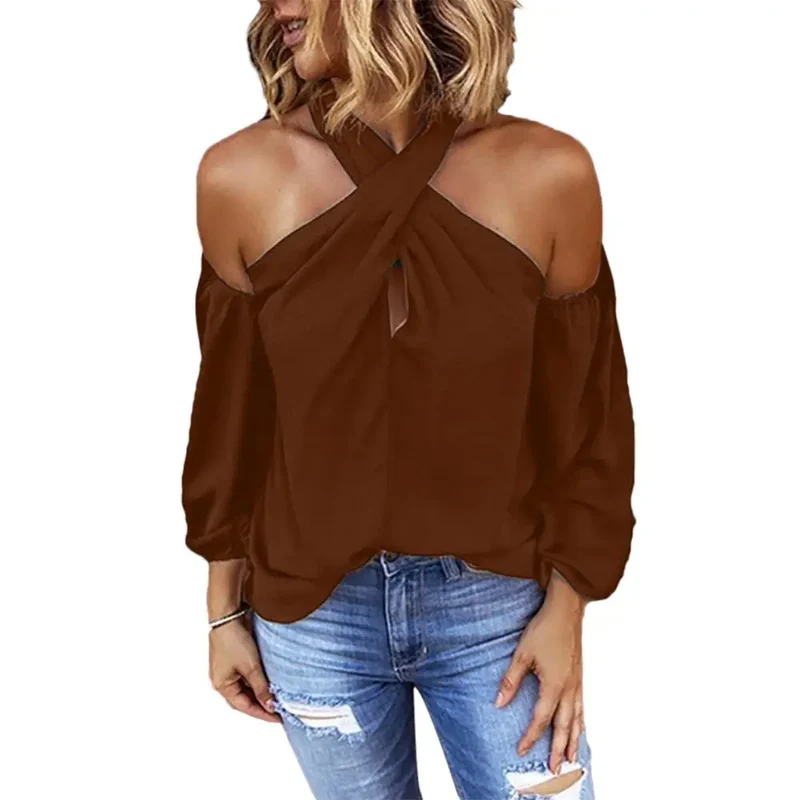 Autumn Halter Off Shoulder White Shirt Women Elegant Commuting Tops Fashion Casual V Neck Long Sleeve Blouses