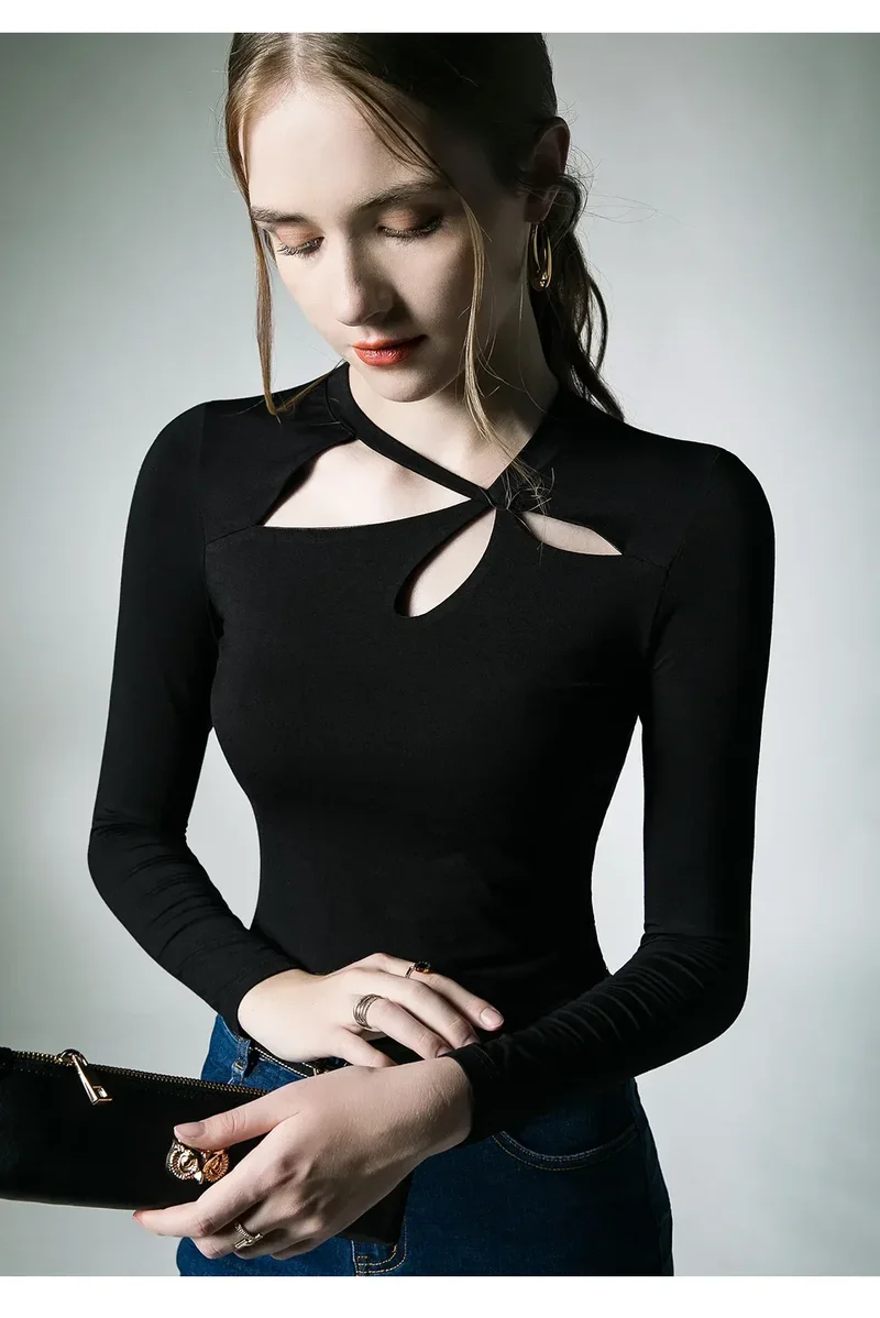Spring Autumn Modal T-shirts Women Long Sleeve Irregular Collar Hollow Out Tees Shirts Female Base Tops