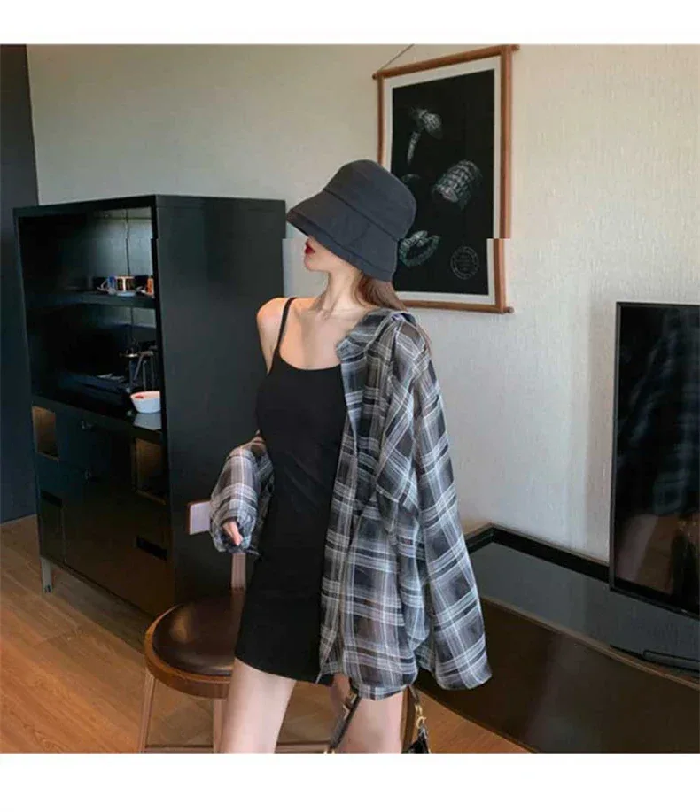 2024 Summer Autumn New Women's Shirt Thin Casual Street Style Shirt Outer Top Checkered Shirt Cardigan Coat for Women