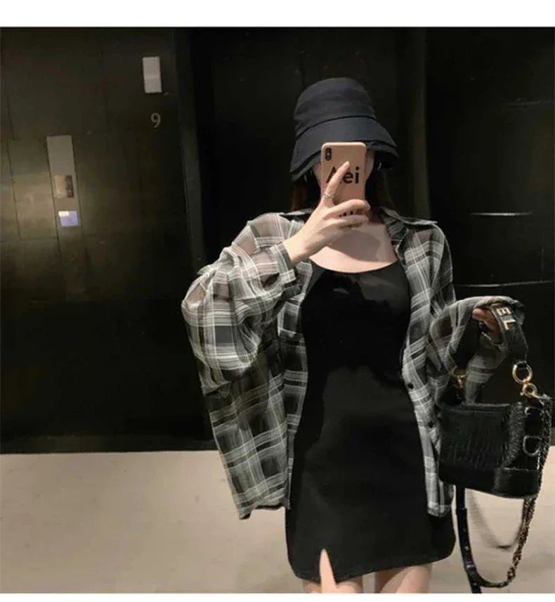 2024 Summer Autumn New Women's Shirt Thin Casual Street Style Shirt Outer Top Checkered Shirt Cardigan Coat for Women