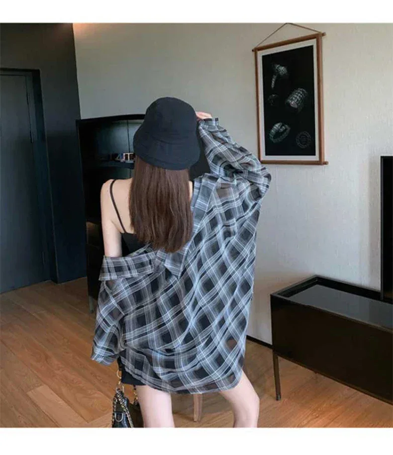 2024 Summer Autumn New Women's Shirt Thin Casual Street Style Shirt Outer Top Checkered Shirt Cardigan Coat for Women