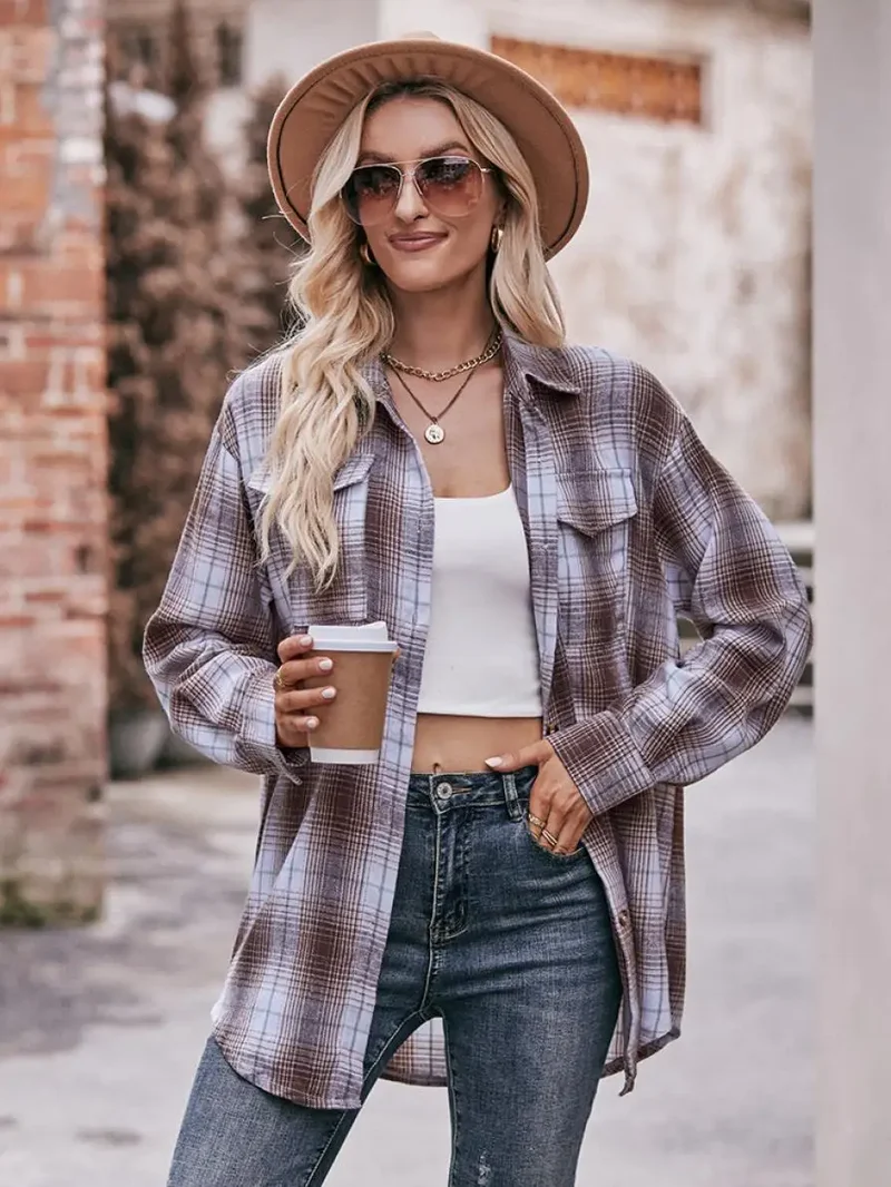 Autumn Plaid Shirt Women Long Sleeve Turn-down Collar Oversize Shirts Female Stylish Vintage Casual Blouse Ladies Chemise
