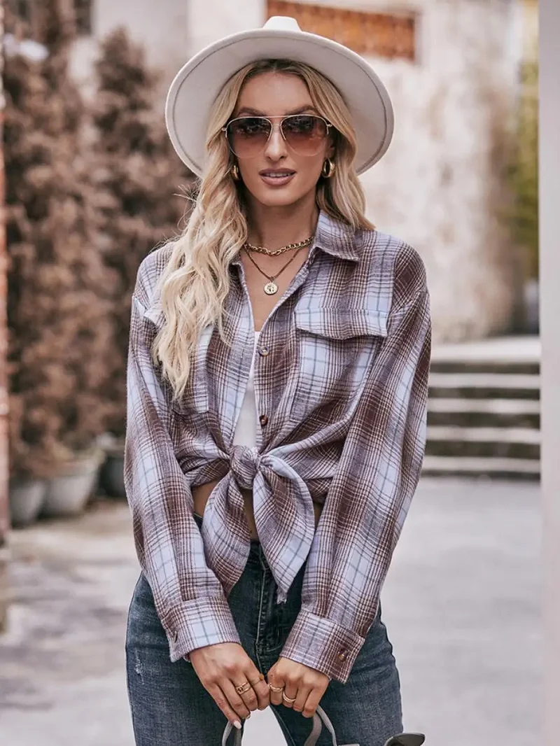 Autumn Plaid Shirt Women Long Sleeve Turn-down Collar Oversize Shirts Female Stylish Vintage Casual Blouse Ladies Chemise