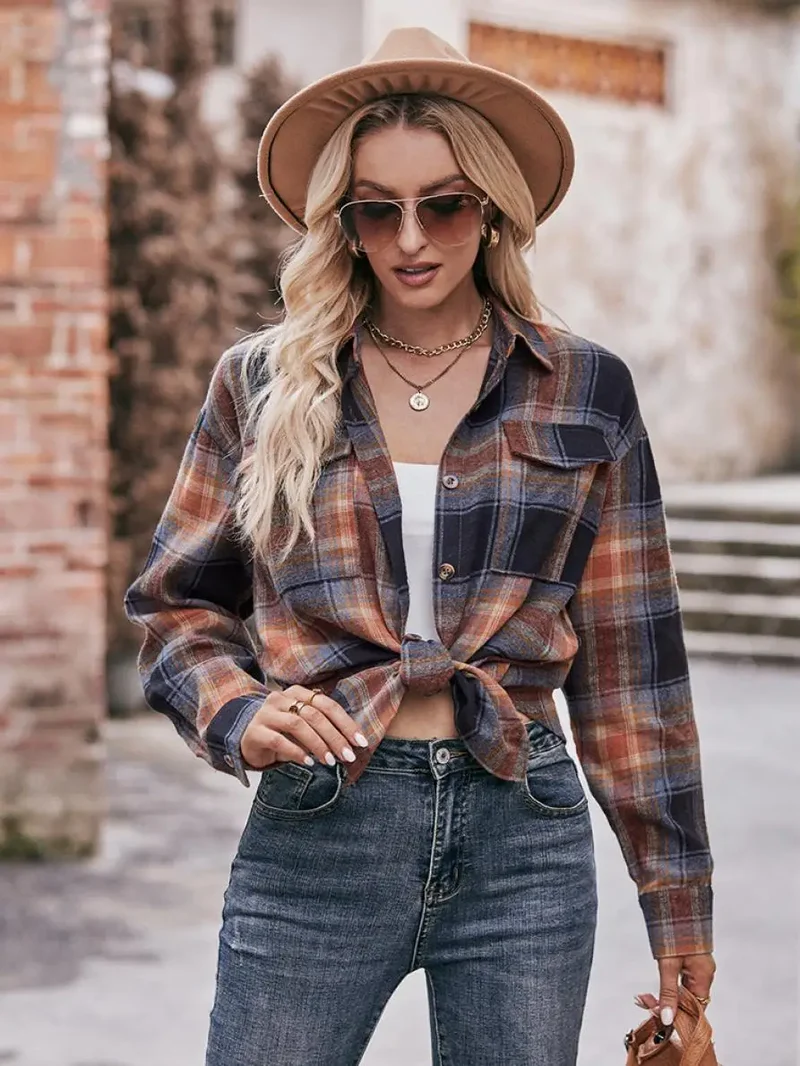 Autumn Plaid Shirt Women Long Sleeve Turn-down Collar Oversize Shirts Female Stylish Vintage Casual Blouse Ladies Chemise