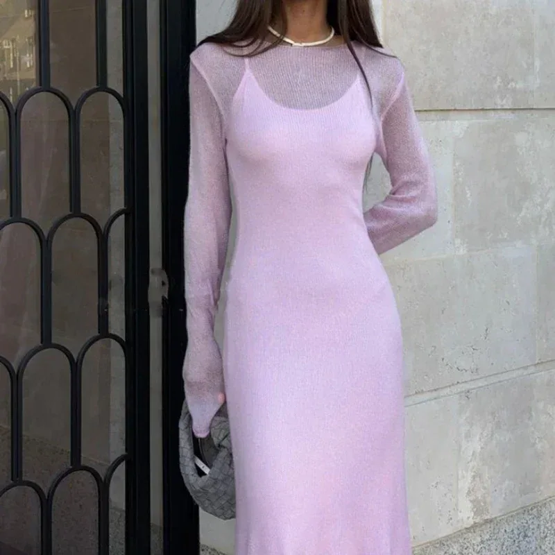 Spring Autumn O-Neck Elastic Knit Long Dresses Women 2024 Elegant Chic Soft Lady Hollowing Sweater Dresses Femme New