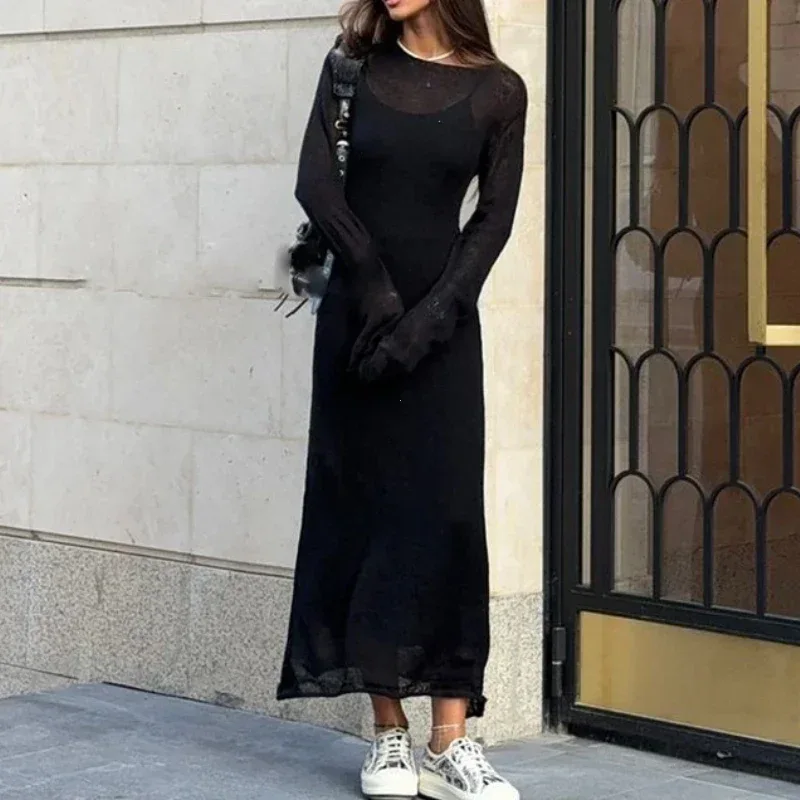 Spring Autumn O-Neck Elastic Knit Long Dresses Women 2024 Elegant Chic Soft Lady Hollowing Sweater Dresses Femme New