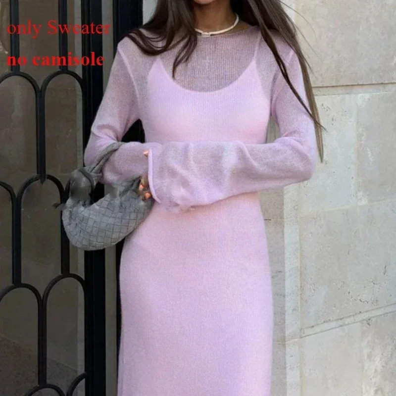 Spring Autumn O-Neck Elastic Knit Long Dresses Women 2024 Elegant Chic Soft Lady Hollowing Sweater Dresses Femme New