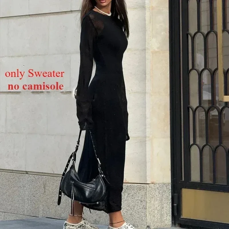 Spring Autumn O-Neck Elastic Knit Long Dresses Women 2024 Elegant Chic Soft Lady Hollowing Sweater Dresses Femme New