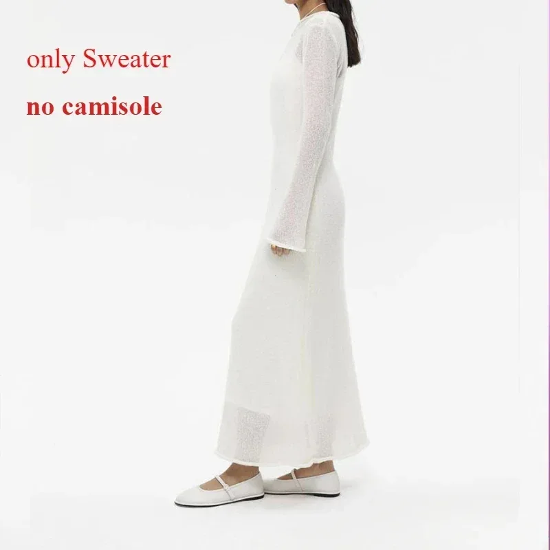 Spring Autumn O-Neck Elastic Knit Long Dresses Women 2024 Elegant Chic Soft Lady Hollowing Sweater Dresses Femme New