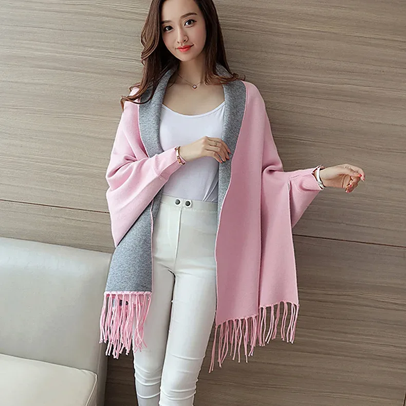 Autumn Winter Tassel Long Sweater Cardigans Casual Korean Long Sleeve Cloak Patchwork Knitwear Coats Outwaer LMFS-LM-8015