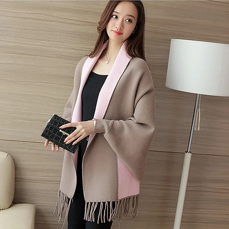 Autumn Winter Tassel Long Sweater Cardigans Casual Korean Long Sleeve Cloak Patchwork Knitwear Coats Outwaer LMFS-LM-8015