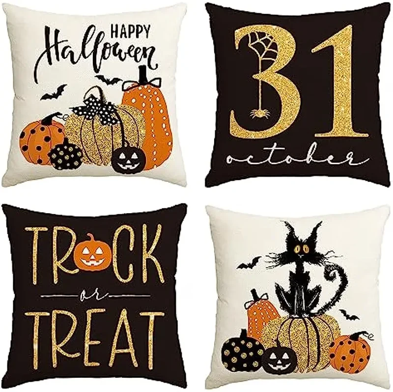 Linen Square Pillow Cover Pumpkin Cat Happy Halloween Trick Or Treat Autumn Decorative Sofa Cushion Cover Living Room