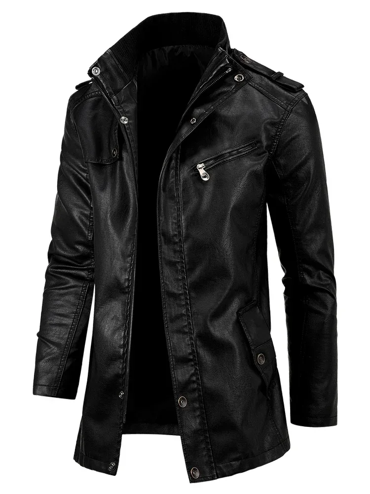 Men Long Coat Men Autumn Fashion Long Warm Pocket Leather Jacket Men Winter Casual England Style Vintage Leather Jacket Parkas