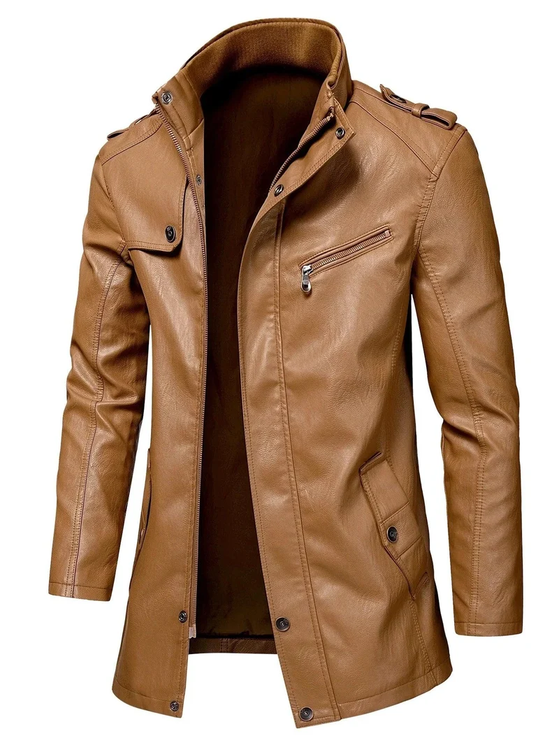 Men Long Coat Men Autumn Fashion Long Warm Pocket Leather Jacket Men Winter Casual England Style Vintage Leather Jacket Parkas
