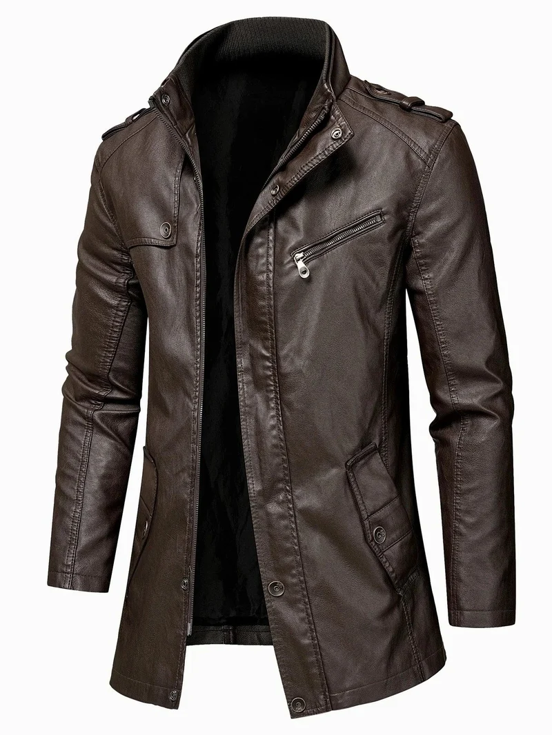 Men Long Coat Men Autumn Fashion Long Warm Pocket Leather Jacket Men Winter Casual England Style Vintage Leather Jacket Parkas
