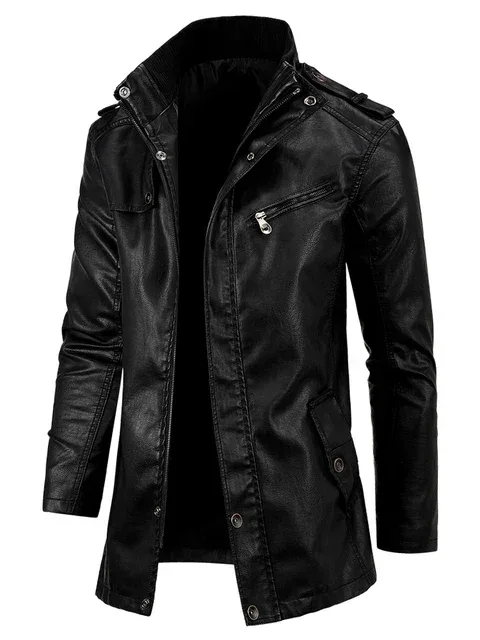 Men Long Coat Men Autumn Fashion Long Warm Pocket Leather Jacket Men Winter Casual England Style Vintage Leather Jacket Parkas