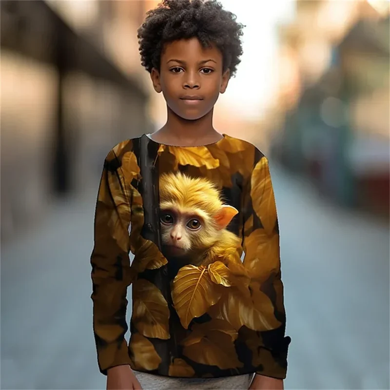 Clothing For Boys Leaf Tiger Animal Monkey Print Long Sleeve Top For Children T-Shirt Teenagers 2023 Autumn Girls Tshirt Kids