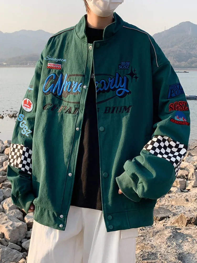 Embroidery Fashion Streetwear Racer Jackets Men Women Y2K HipHop Motorcycle Plaid Vintage Bomber Harajuku Autumn Jackets Coat