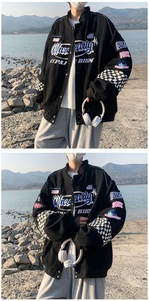 Embroidery Fashion Streetwear Racer Jackets Men Women Y2K HipHop Motorcycle Plaid Vintage Bomber Harajuku Autumn Jackets Coat