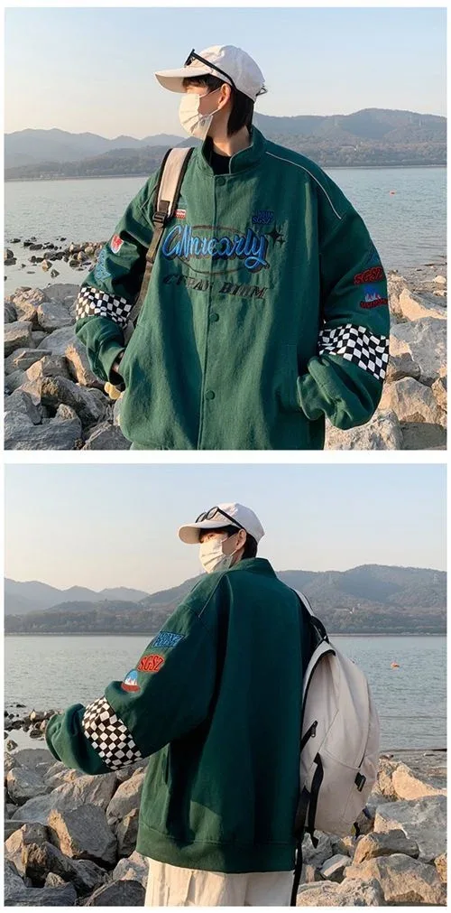 Embroidery Fashion Streetwear Racer Jackets Men Women Y2K HipHop Motorcycle Plaid Vintage Bomber Harajuku Autumn Jackets Coat