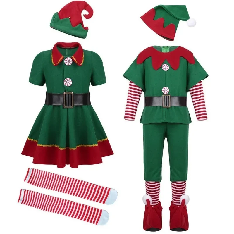 2024 Christmas Clothing Set Boy Girl Family Matching Outfit Kid Adult Santa Claus Cosplay Costume Hat Socks Pant Elf Clothes